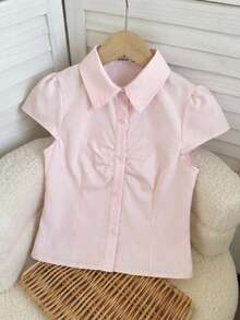 SHEIN Tween Girl Solid Color Short Sleeve Cardigan Shirt Baby Pink Summer Cute School Back-To-School,Girls Fitted Collared Button Down Blouse Ruffle Tops - Baby Pink - View 3