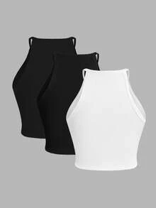 SHEIN Essnce 3pcs Women Plus Size Casual Fitted Camisole Set, Summer - Black and White - View 2