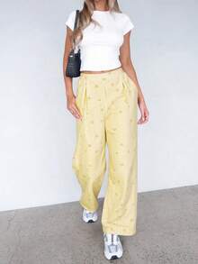 SHEIN Essnce Quần ống rộng cạp chun màu hồng kẻ sọc thắt nơ thời trang xuân hè cho nữ, phong cách thường ngày thoải mái, cơ bản, mát mẻ, dành cho phái mạnh, quần Y2K, quần rộng thùng thình, thời trang đường phố, quần áo dễ thương tôn dáng, quần mùa hè, quần suông, trang phục dự tiệc trưa cho nữ. - Vàng nhạt - Xem 7