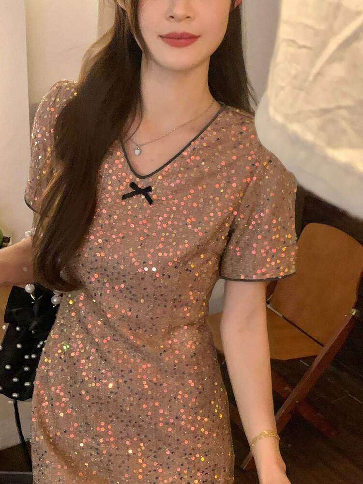 Women's Sequin V-Neck Contrast Binding Waist Party/Date Dress Sundress Summer