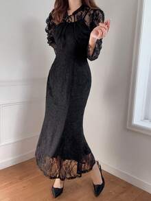 FRIFUL 女士深灰色薄纱蕾丝系带腰身两件套，商务休闲假日装扮 - 黑色 - 查看 7