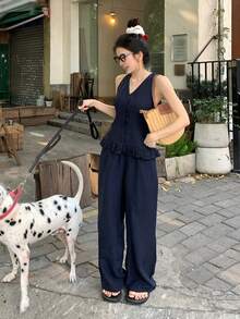 DAZY 春夏修身荷叶边无袖背心开衫上衣搭配直筒休闲裤套装，优雅通勤、浪漫约会、海滩度假皆宜 - 藏蓝色 - 查看 1