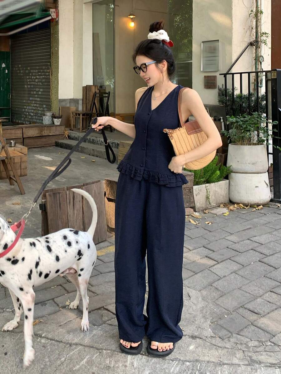 DAZY 春夏修身荷叶边无袖背心开衫上衣搭配直筒休闲裤套装，优雅通勤、浪漫约会、海滩度假皆宜 - 藏蓝色 - 查看 1