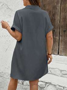 SHEIN LUNE Đầm sơ mi cài cúc phía trước màu vàng in hình chân dung dành cho nữ cỡ lớn - Xám - Xem 2