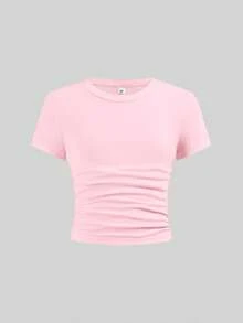 SHEIN Girlism Tween Girls' Fitted Casual Round Neck Short Sleeve T-Shirt With Side Ruffle And Hair Scrunchie - Baby Pink - View 6
