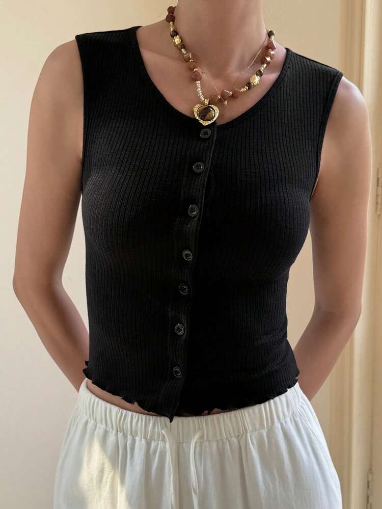 Women's Crew Neck Sleeveless Fitted Casual Open Front Camisole Summer