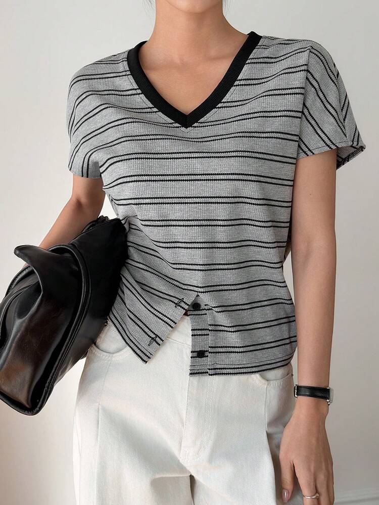 Women's Summer Short Sleeve Striped V-Neck Waist Cinched Casual Elegant T-Shirt