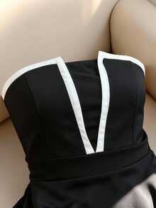 Franclia Women's Contrast Trim Elegant Peplum Bandeau Top - Black - View 4