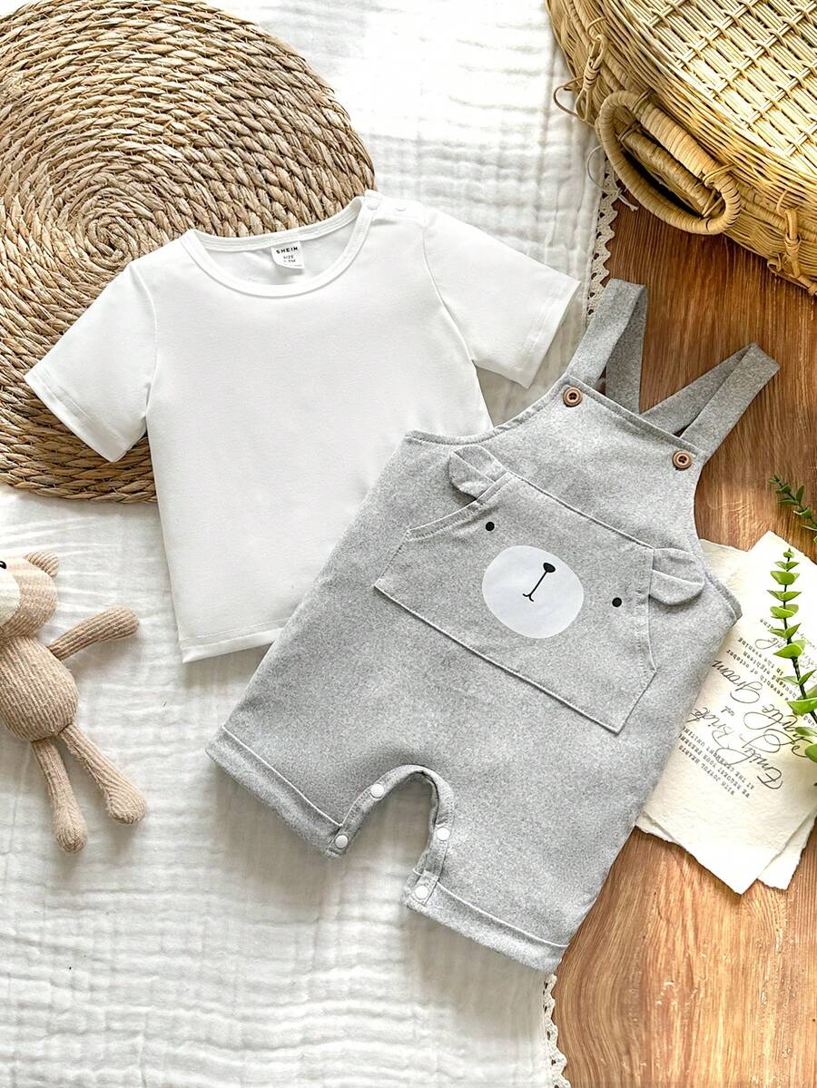 Vintaside Kids 男婴夏季卡通图案3D耳朵设计连体衣，配白色短袖T恤 - 彩色 - 查看 1