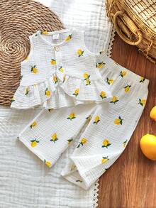 Vintaside Kids Baby Girls Lemon Print Chiffon Ruffle Hem Camisole + Print Pants 2-Piece Set, Suitable For Casual Wear, Outings And Vacations, Spring/Summer - White - View 3