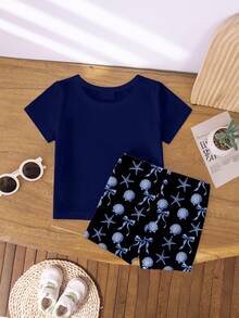 少女休闲时尚创意印花短袖T恤和骑行短裤套装，包含花卉、贝壳、海星、蝴蝶结图案，舒适百搭，适合春、夏、秋季穿着。 - 彩色 - 查看 2