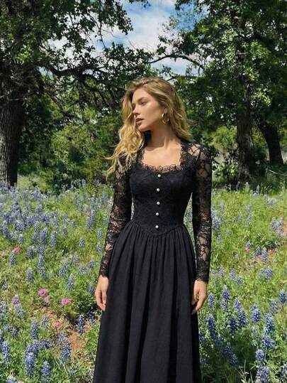 SHEIN MOD Women's Elegant Solid Color Lace Patchwork Dress, Valentine's Day Outfit, Spring/Summer, Date Outfit, Fasching Women Costume, Party Dress, Wedding Guest Dresses, Elegant Dresses, Black Dress, Gothic Summer Clothes Witchy Clothes Ahs Style Clothes, Date Night Outfit, Dinner Outfits For Women, Victorian Vintage Style Dress, Black Lace Dress