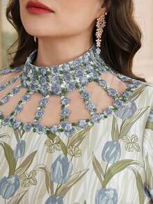 Al Najma 大码女式印花立领休闲派对阿拉伯连衣裙 - 藍色 - 查看 6