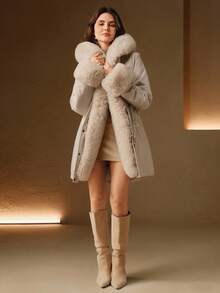 Anewsta 加厚长毛绒领带收腰派克大衣，女士羽绒服 - 米色 - 查看 5