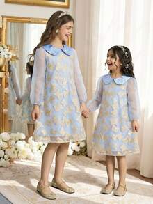 SHEIN 1pc Girls Royal Blue Butterfly Collar Pearl Decor Transparent Organza Long Sleeve Dress,Elegant Vintage Traditional Autumn Wedding Party Princess - Blue - View 1