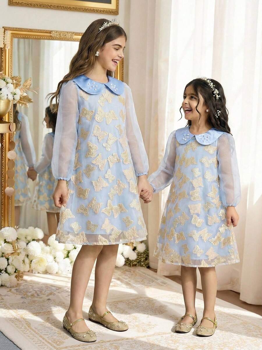 SHEIN 1pc Girls Royal Blue Butterfly Collar Pearl Decor Transparent Organza Long Sleeve Dress,Elegant Vintage Traditional Autumn Wedding Party Princess - Blue - View 1