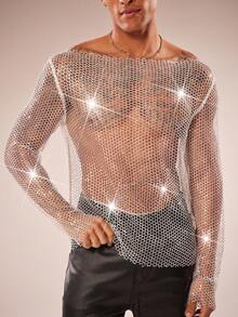 FeverCity Men's Boat Neck Long Sleeve Shiny Mesh T-Shirt - Silver - View 4