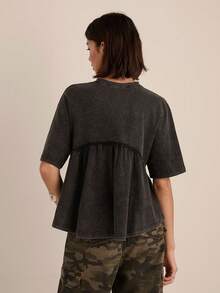 Easelle Camiseta de mujer de cuello redondo de punto casual de manga corta negra - Negro - Ver 2