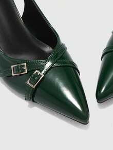 CUCCOO BIZCHIC Bombas de tacón de gatito con punta puntiaguda de material de PU, adecuadas para el uso diario, el trabajo y las fiestas - Verde Oscuro - Ver 6