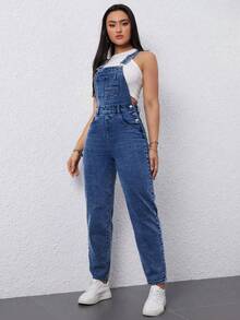Flexra Women's Solid Color Button Slant Pocket Casual Versatile Denim Jumpsuit - Dark Wash - View 5