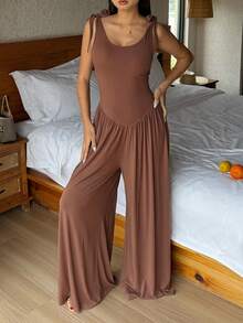 DAZY Bộ áo liền quần mùa hè cho nữ, không tay, buộc dây vai, eo, ống rộng, thích hợp mặc ở nhà. - Cà phê nâu - Xem 4
