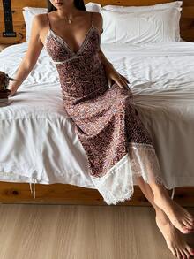 DAZY Summer Beach Vacation Floral Print Lace Patchwork Cinched Waist Back Camisole Dress For Women Pajamas - Brown - View 4