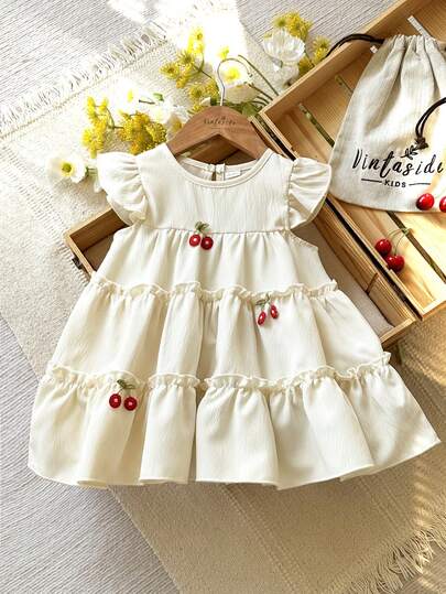 1pc Baby Girls' Comfortable, Fashionable, Elegant Solid Color Crew Neck Dress With Cute Cherry Decor And Ruffle Hem, Basic Style, Soft Flare Sleeves, Versatile For Spring/Summer Occasions Like School, Travel, Vacation