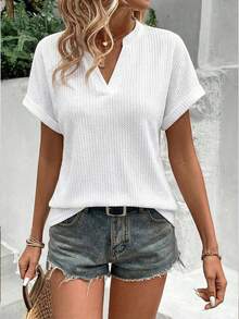 Selamara New Fashionable Casual Basic V-Neck Cuffed Sleeve Women T-Shirt - White - View 4
