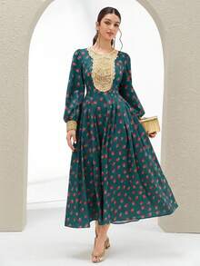 Al Najma Women's Round Neck Floral Print Ruched Waist Elegant Party Dress - Dark Green - View 3