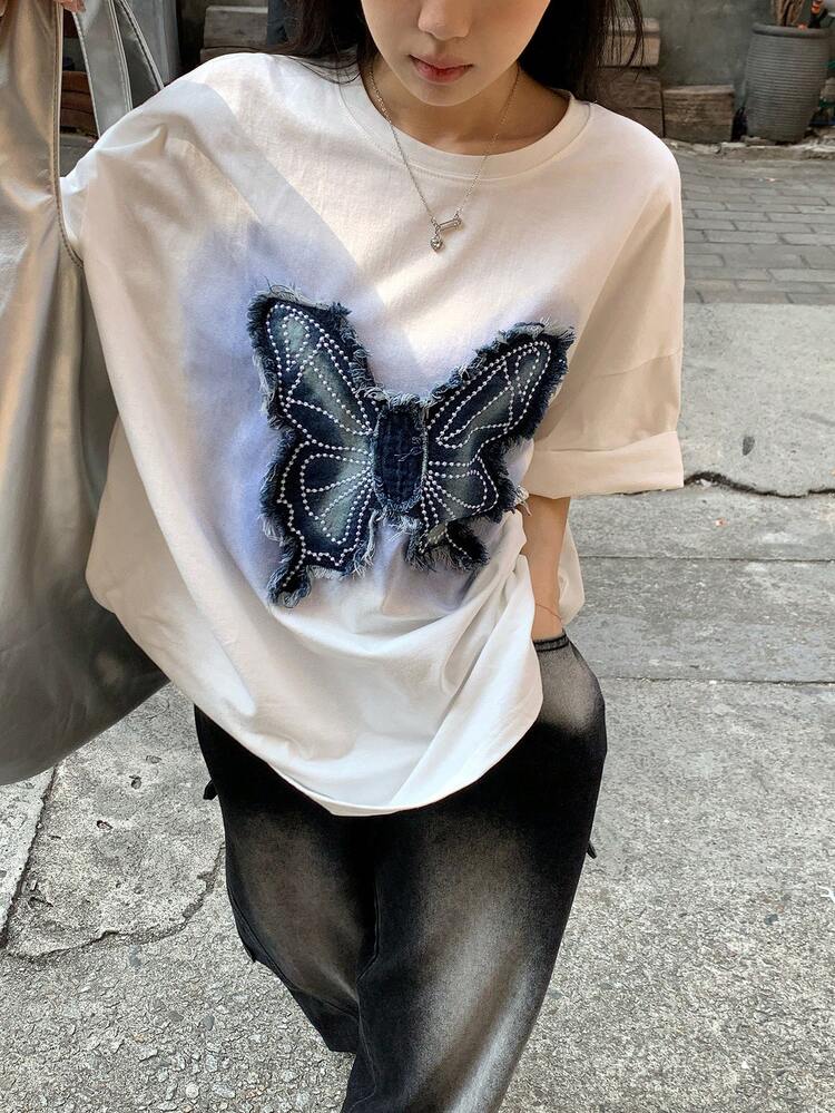 Women's Summer American Style Frayed Butterfly Patch Loose Casual Distinctive Design T-Shirt