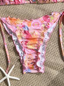 Swim Mod Bộ bikini 2 món mùa xuân/hè đi biển, họa tiết hoa ngẫu nhiên, viền bèo nhún, kiểu áo tam giác buộc dây cổ và quần bikini buộc dây bên hông, gợi cảm. - Nhiều màu - Xem 5