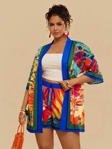 Travachic Bộ đồ hè cỡ lớn dành cho nữ, gồm áo và quần short in họa tiết nhiệt đới, áo kimono tay ngắn dáng rộng, quần short cạp chun. - Xanh đậm - Xem 1