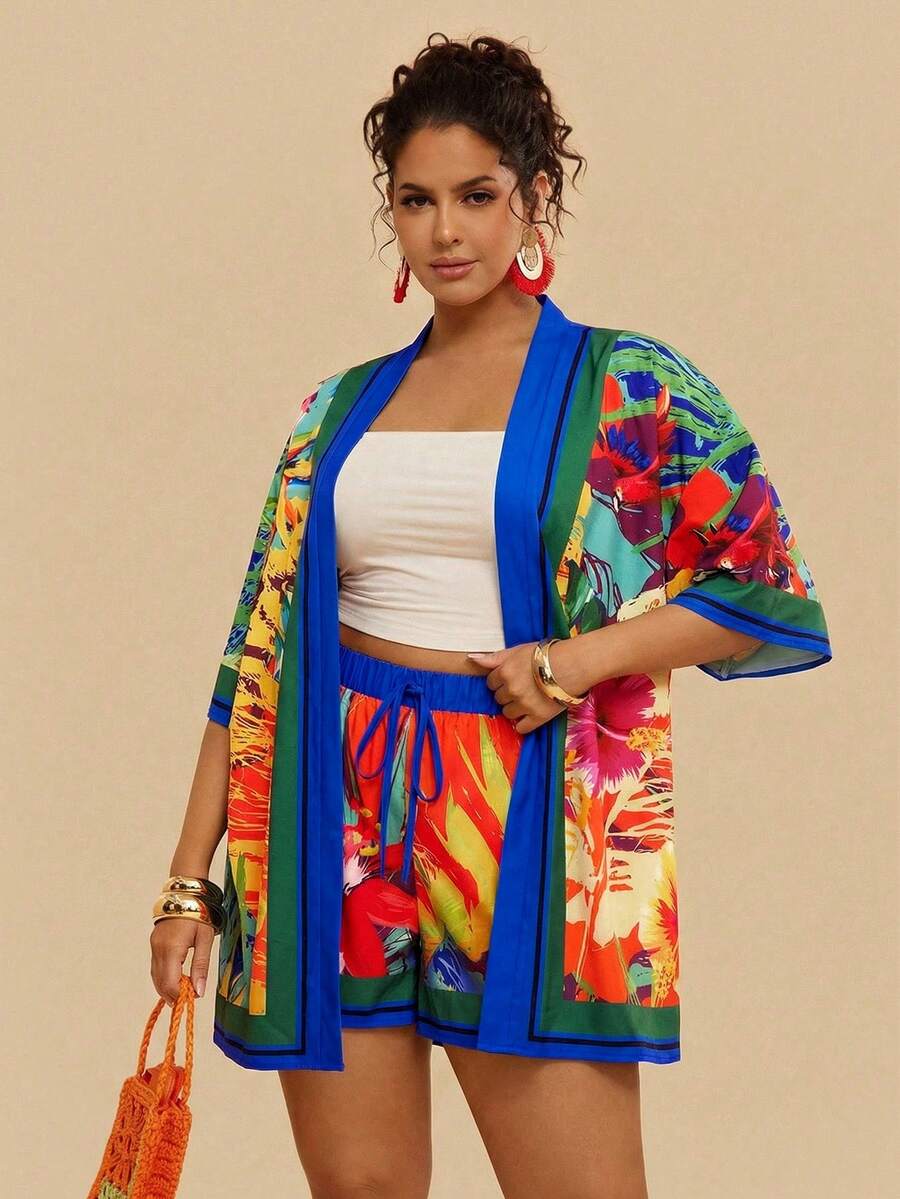 Travachic Bộ đồ hè cỡ lớn dành cho nữ, gồm áo và quần short in họa tiết nhiệt đới, áo kimono tay ngắn dáng rộng, quần short cạp chun. - Xanh đậm - Xem 1