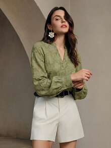 Anewsta 女士优雅高档提花面料衬衫，春季 - 橄欖綠 - 查看 4