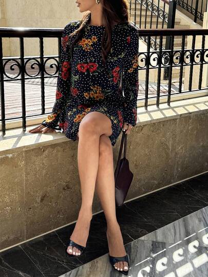 Pariaura שמלת נשים עם נקודות פולקה ופפיון פרחוני ורדים, שמלת אביב/סתיו, שמלה כחולה כהה, מתאימה לפסטיבלים, דייטים, התכנסויות