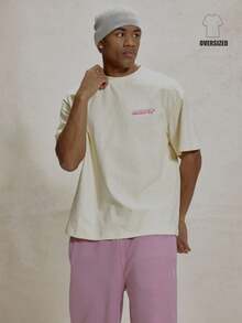 Musero Áo thun cổ tròn dáng rộng tay ngắn vai rớt in họa tiết, kiểu dáng thiết yếu cho mùa xuân và hè. - Màu be - Xem 1