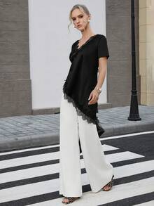 Opuloom 女士时尚优雅荷叶边领蕾丝边吊带背心，适合情人节、婚礼、节日、休闲外出、派对等场合，采用不对称下摆和弹力面料。 - 黑色 - 查看 1