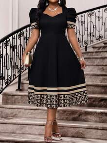 SHEIN Lady Đầm cỡ lớn cổ tim tay raglan phối màu cổ điển thanh lịch, đầm hè thanh lịch dáng midi, đầm đen thanh lịch, đầm đen cỡ lớn, đầm đen thanh lịch, đầm đen dự lễ nhà thờ, đầm nữ sang trọng, đầm chất lượng cao, đầm nữ thanh lịch, đầm đen có họa tiết - Nhiều màu - Xem 4