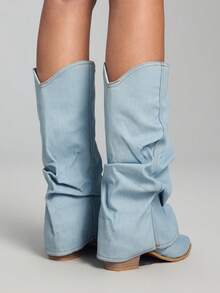 ROMWE Grunge Punk Fall/Winter 2025 New Western-Style Pointed Toe Stacked Knee-High Cowboy Boots For Women, Retro Flared Shaft High Heel Riding Boots - Light Blue - View 5
