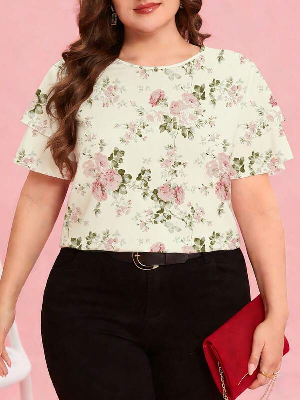 Reflora Casual Spring/Summer Romantic Rose Floral Print Round Neck Ruffle Hem Plus Size Women Short Sleeve Blouse, Suitable For Vacation And Office