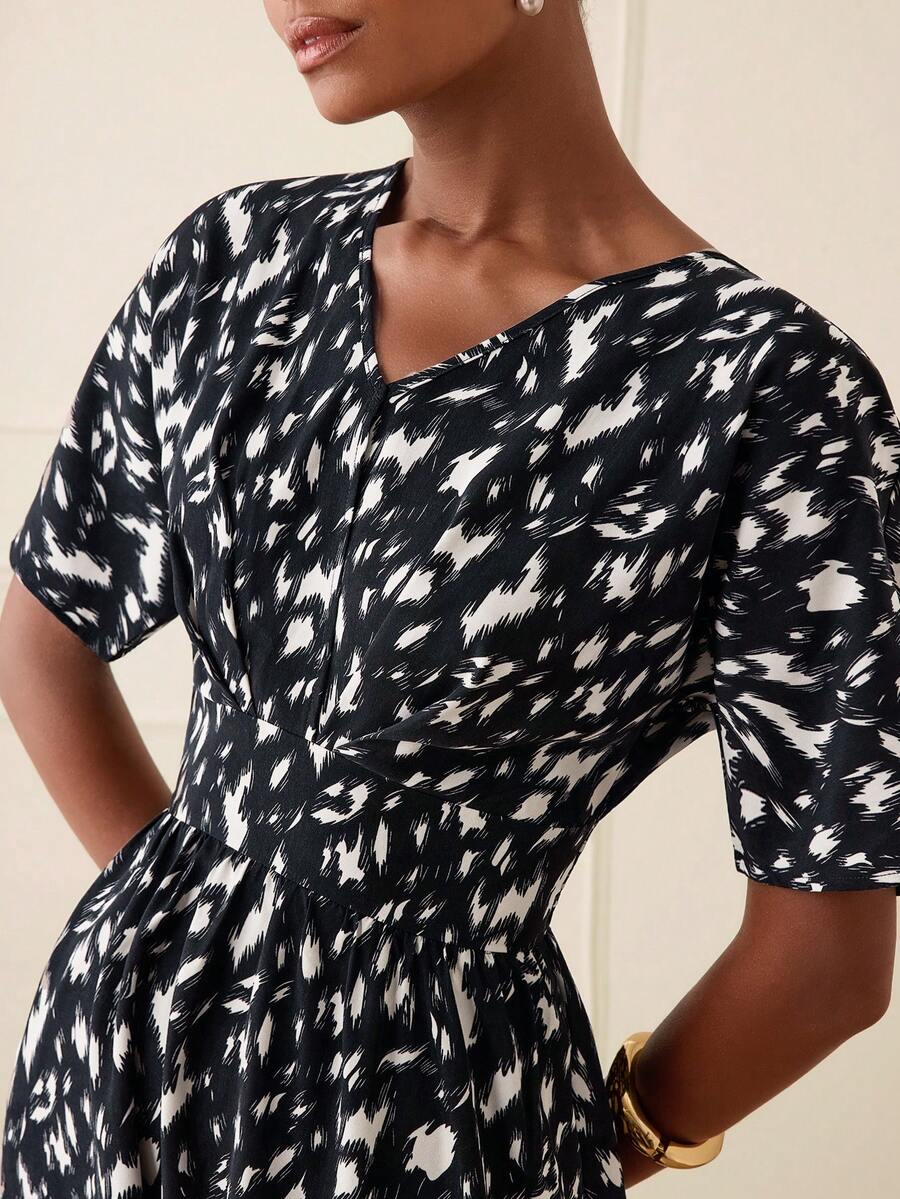 Lilora 女士优雅通勤全印花腰部连衣裙 - 黑色 - 查看 1