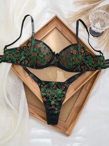 Seduluxe 2 件套女士经典深色刺绣钢圈聚拢文胸和内裤套装，可调节肩带 - 黑色 - 查看 3