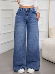 SHEIN Tall Women's Summer Low Waist Pockets Wide Leg Loose Casual Versatile Jeans - Blue - View 7