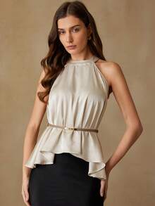 Aveloria EMERY ROSE Satin Textured Fabric, Waist Belt Decor, Elegant & Fashionable High-End Sleeveless Blouse For Women - Apricot - View 3