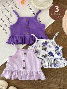 LMoss Kids 3pcs Baby Girl Knitted Solid & Ditsy Floral Camisole Top Set - Multicolor - View 3