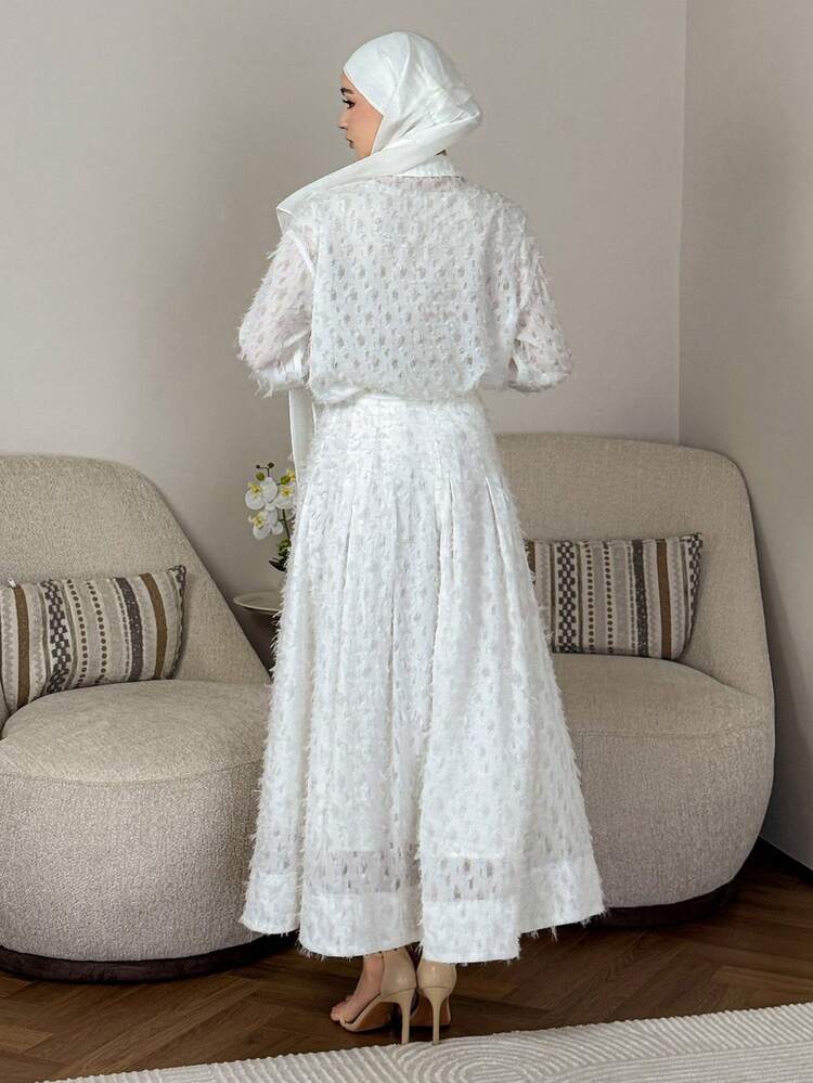 2pcs Women Casual Loose Collar White Feather Blouse And Skirt Set, Spring/Holiday