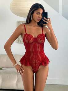 Aloruh Elegant French Lace Eyelash Cutout Waist Slimming Sexy Bodysuit For Women, Red Lingerie Lace Teddy Burgundy Lingerie, Going Out - Burgundy - View 9