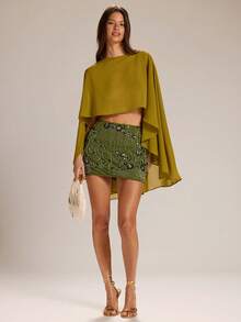 SHEIN BAE 优雅串珠刺绣亮面低腰半身裙，度假裙，沙滩派对裙，夏季半身裙 - 綠色 - 查看 3