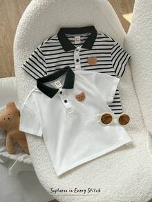 Cozy Pixies 2pcs Baby Boy Cartoon Bear & Striped Pattern Soft Knit Polo Collar Short Sleeve Pullover Outfit Set,Kids - Multicolor - View 5