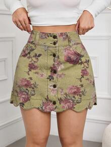 SHEIN Tall 夏季高个女士浪漫优雅夏季度假装扮婚礼及活动花卉印花贝壳边口袋修身牛仔迷你裙 - 綠色 - 查看 3